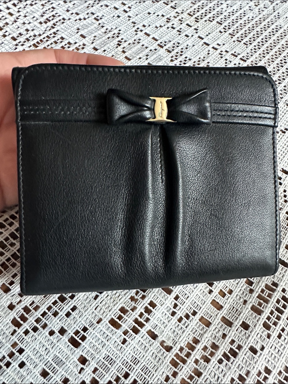 Salvatore Ferragamo Black Leather Wallet with Vara Bow and Gold Logo
